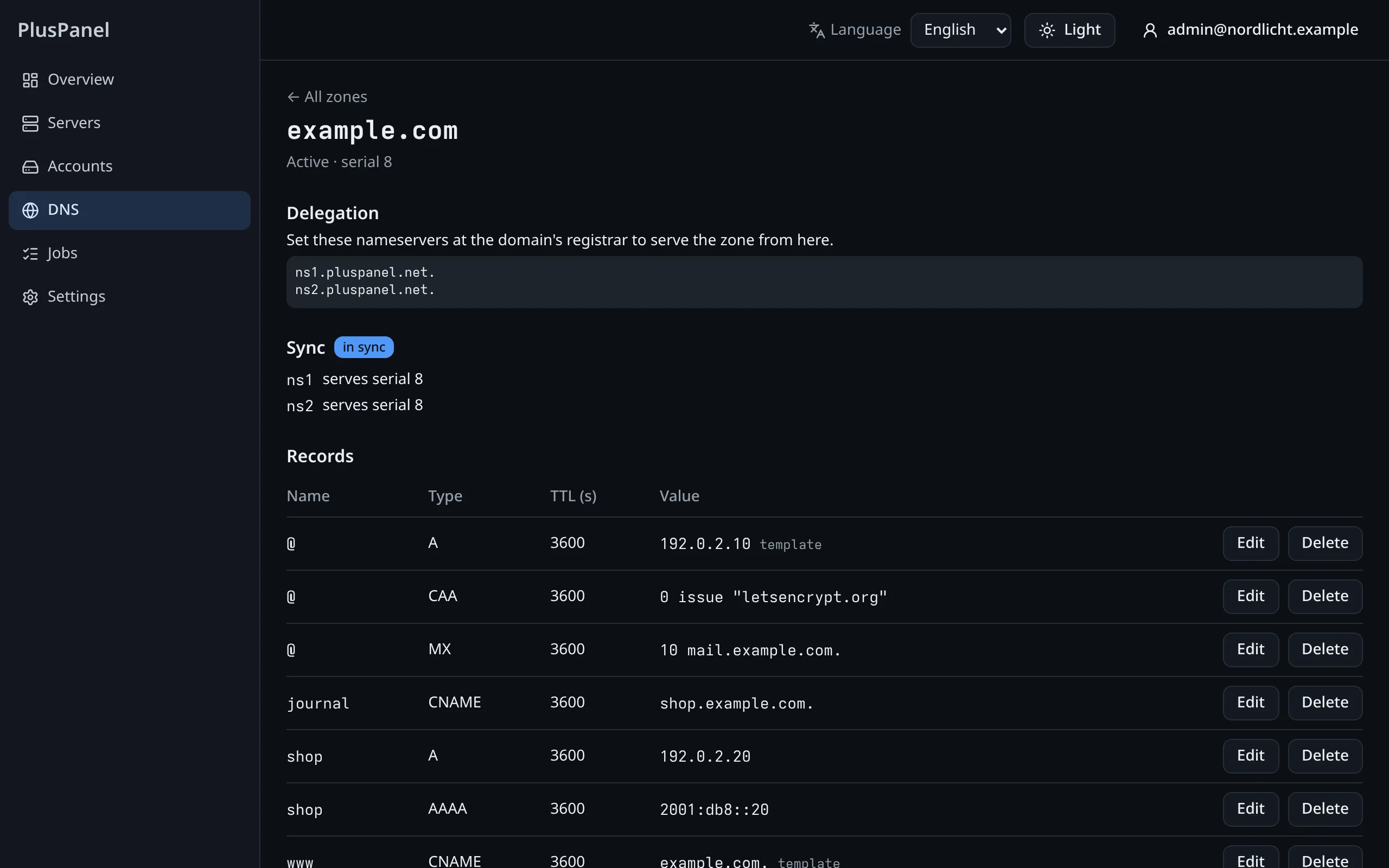 A DNS zone in the panel: delegation to ns1/ns2.pluspanel.net, both nameservers in sync, and its records.
