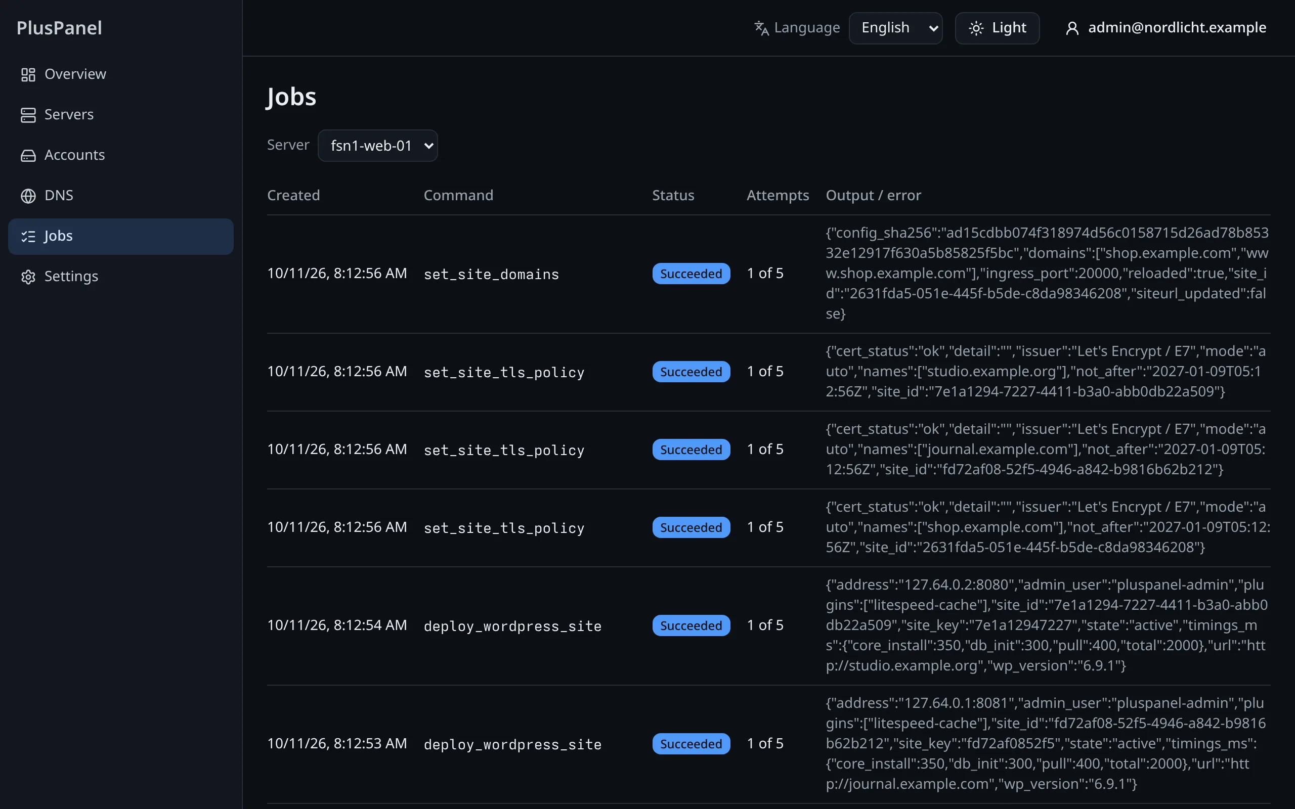 The Jobs page: every operation on a server is a typed job with its status, attempts and the agent's signed result.