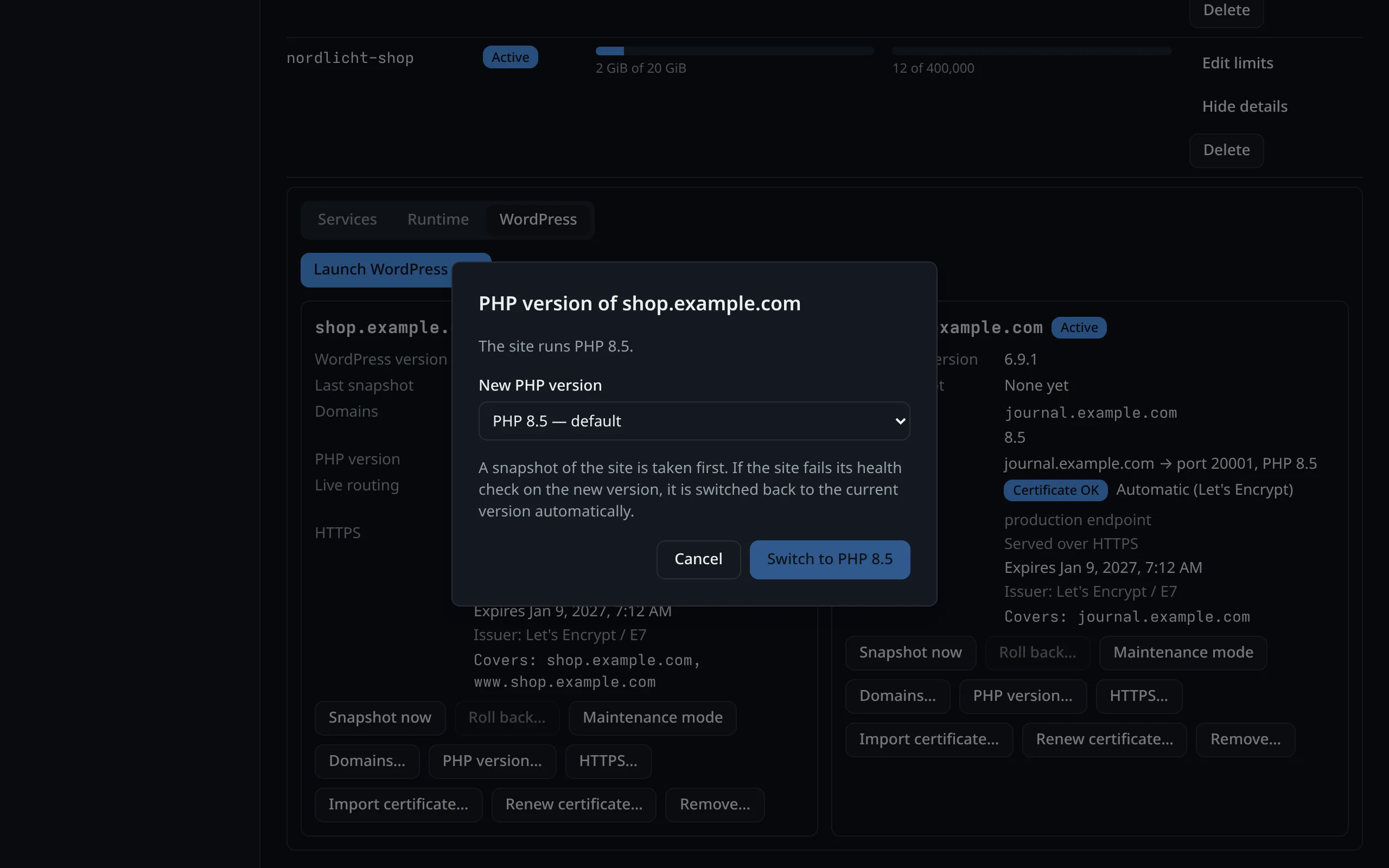 Switching a site's PHP version: the panel takes a snapshot first and switches back automatically if the health check fails.