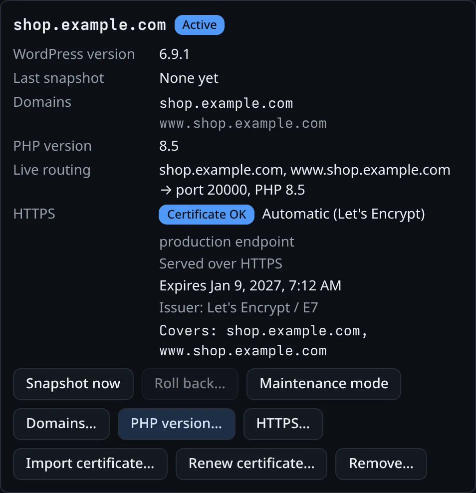 A WordPress site card: domains, PHP 8.5, live routing and a valid Let's Encrypt certificate served over HTTPS.